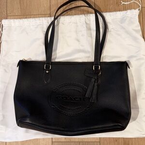 Coach Black Pebbled Leather Gallery Tote with Heritage Logo